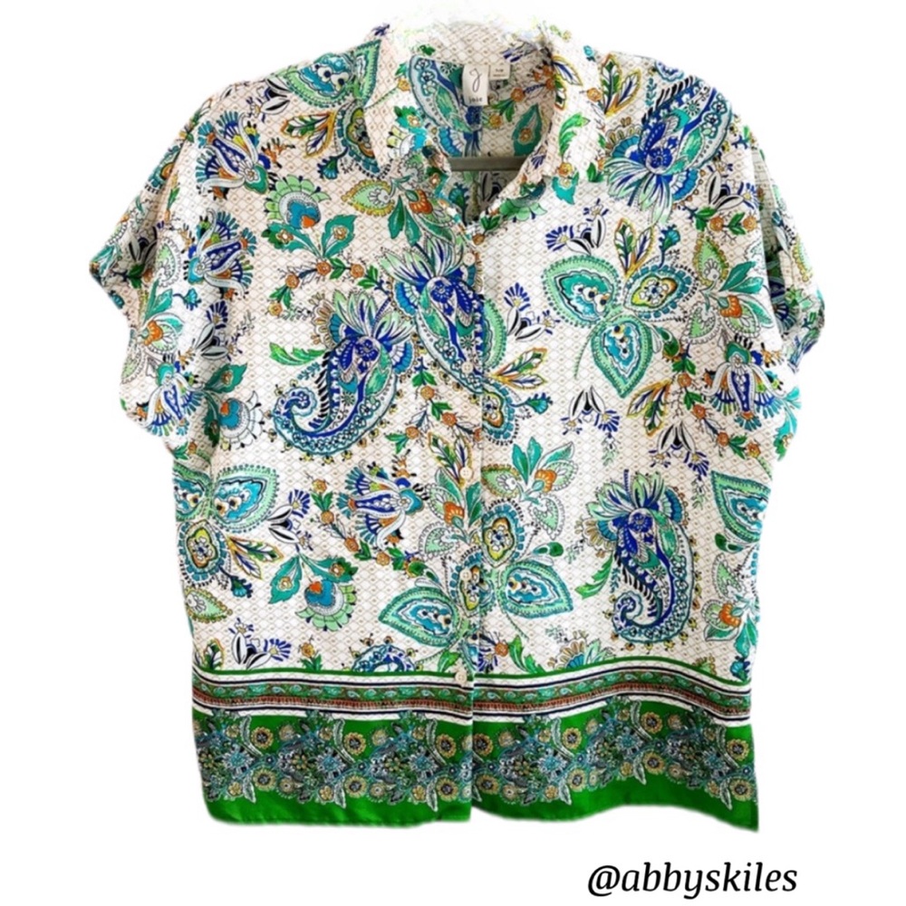 Joie Blouse White & Green Paisley Pattern Short Sleeves Button Up Top Small